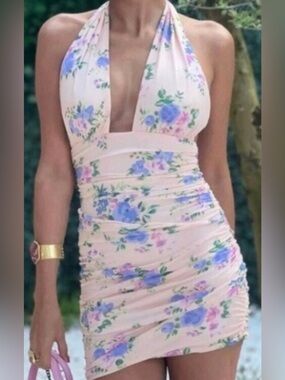 Zara Light Pink Floral Halter Mini Dress